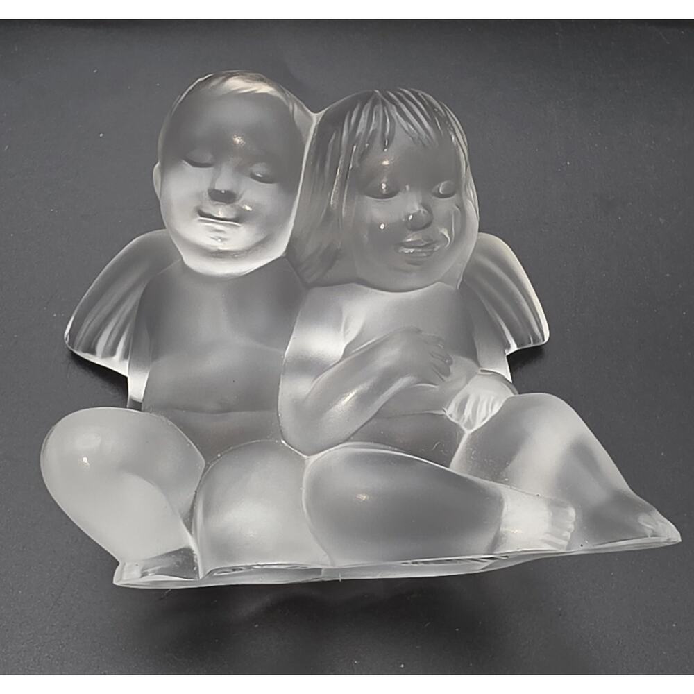 Lalique Twin Angels CHERUBS Boy & Girl Wings Opalescent France Signed Figurine